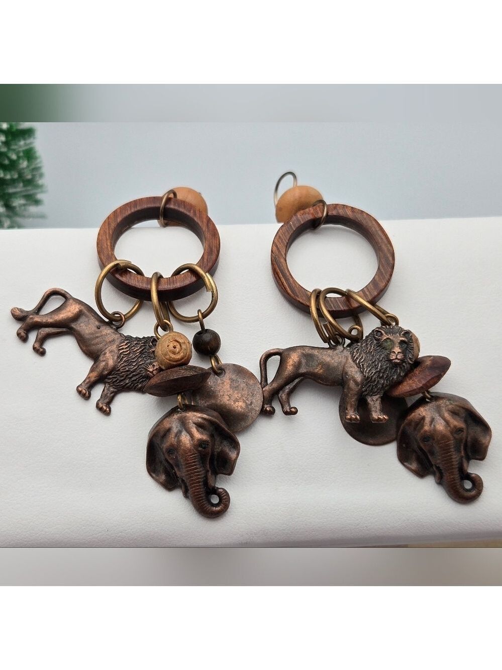 ✨2/$10✨ Lion & Elephant Earrings w/ Oxidized Copper Finish Boho Wood Dangle